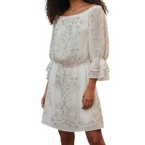 🆕 WHITE HOUSE BLACK MARKET Ecru Gold Embroidered Boho Dress NWT $160 Size XS